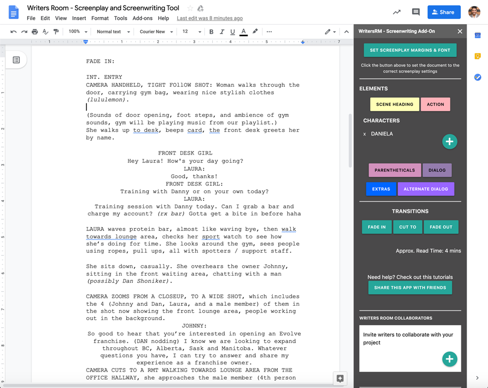 Writers Room Screenplay Screenwriting for Google Docs Gsuite Create
